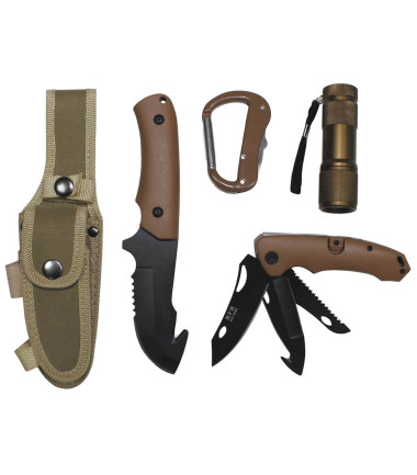 Set couteau militaire avec LED et gaine en nylon, coyote tan